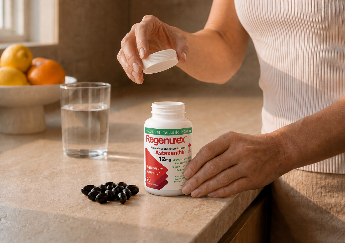A woman opening a Regenurex bottle o a kitchen table.