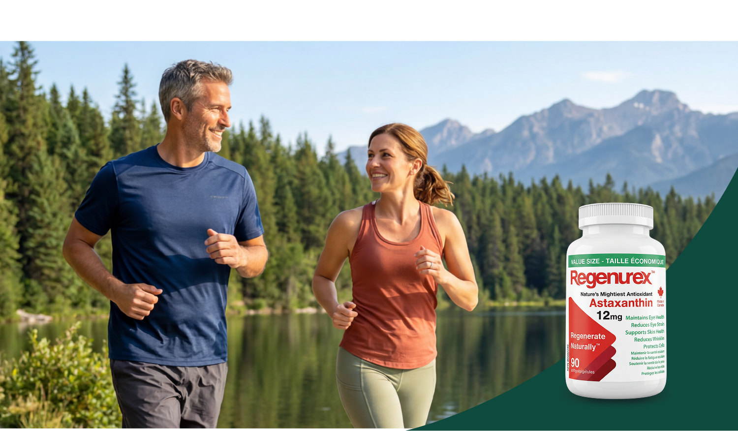 Two people running next to a northern lake with a bottle pill in the bottom-right corner